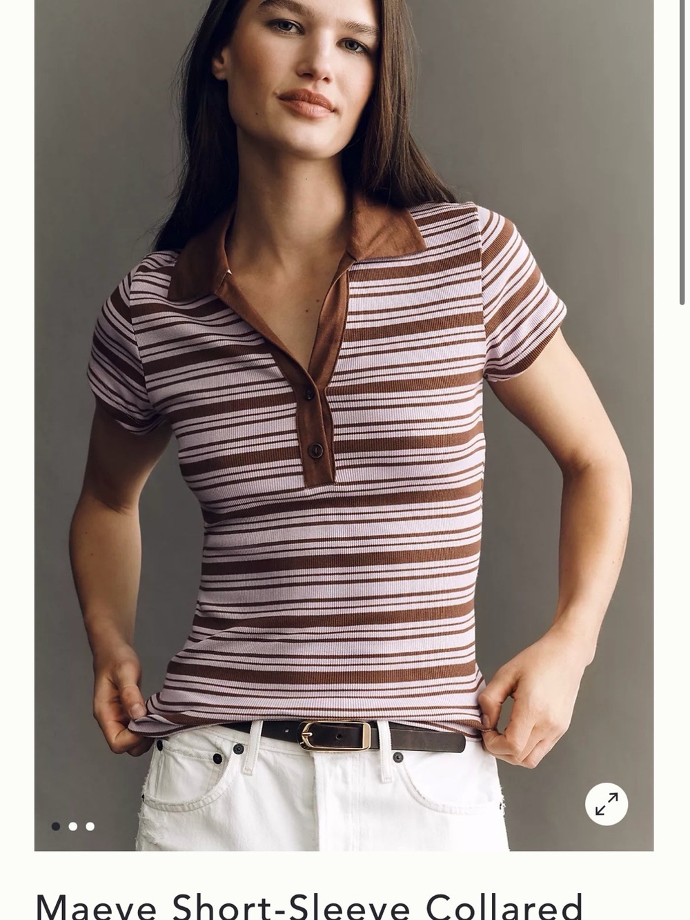 Maeve Short-Sleeve Collared Stripe Top in Brown and Light Pink
